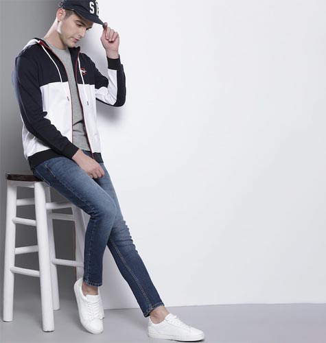 Men Navy Blue & White Colourblocked Hooded Sweatshirt